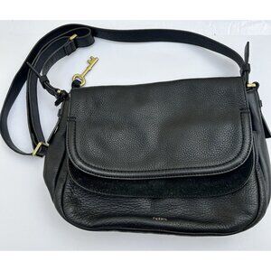Fossil Peyton Large Double Flap Crossbody Bag Black Pebbled Leather Suede Accent